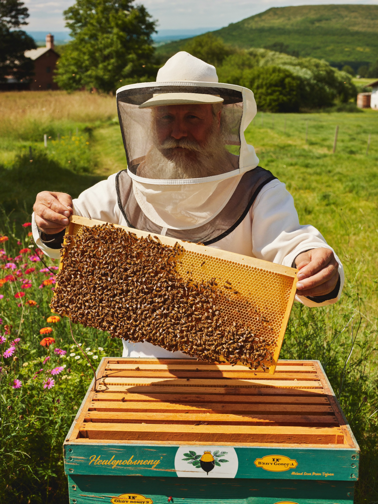 Imker mit einer von Bienen besetzten Wabe